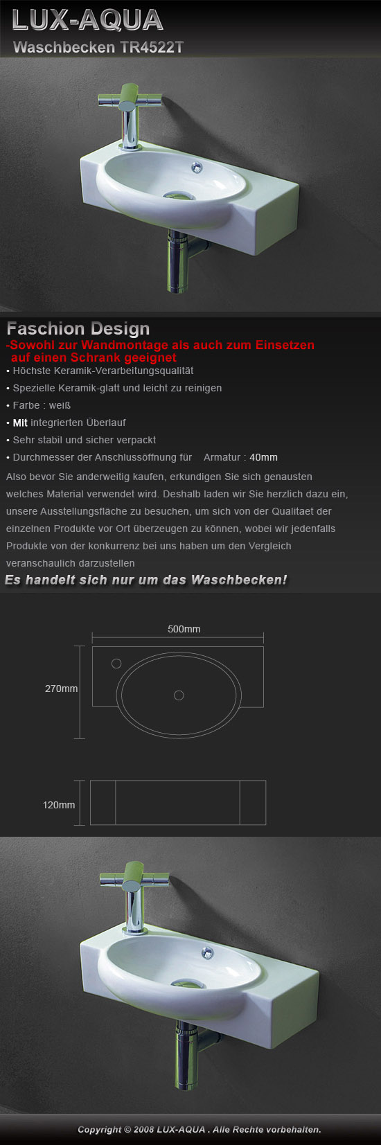 www.lux-aqua.de - Keramik Waschbecken zur Wandmontage 4522T