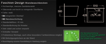 Preview: Design Wand Hänge Waschtisch Waschbecken mit Nano-Beschichtung K9389
