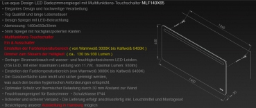 Design LED Badezimmerspiegel mit Touchschalter dimmbar MLF140X65