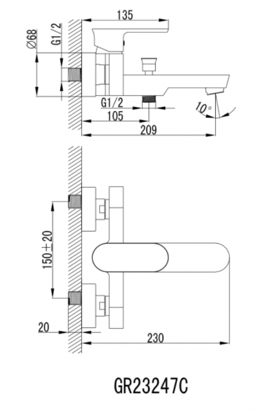 Design Aufputz Einhebel-Wannenarmatur  GR23247C