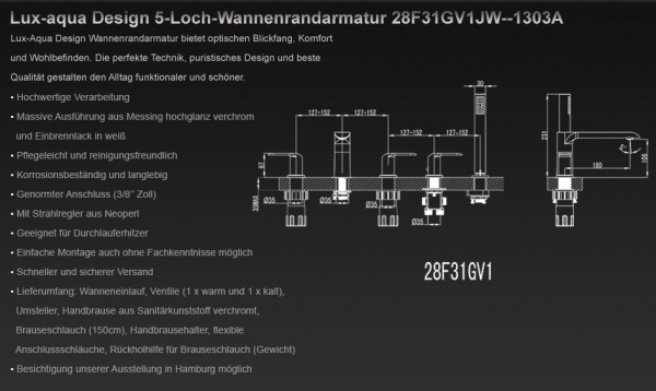 Design Weiß & Chrom 5-Loch-Wannenrandarmatur 28F31GV1JW