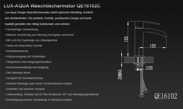 Design Einhebel-Waschtischmischer Wasserfall QE16102C