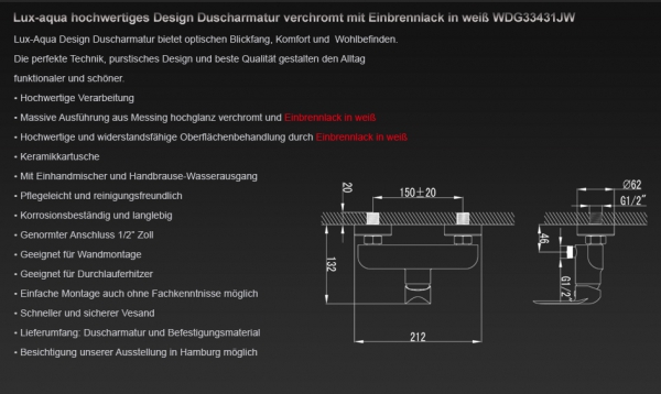 Lux-aqua Design Weiß & Chrom Einhebel- Duscharmatur WDG33431JW