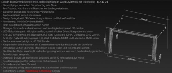 www.lux-aqua.de - Design LED Warm- / Kaltlicht Badezimmerspiegel mit