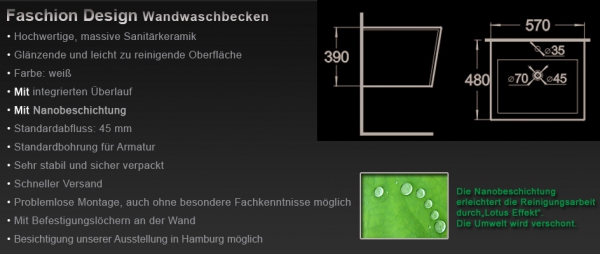 Design Wand Hänge Waschtisch Waschbecken mit Nano-Beschichtung K9389-1