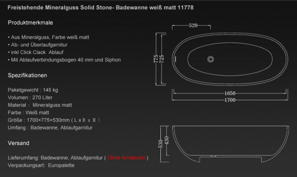 Design Freistehend  Mineralguss / Solid Stone Badewanne PG11778 ( 170x78cm )
