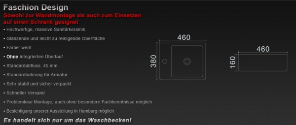 Design Weiß Aufsatz- / Wand Hänge Handwaschbecken 40261