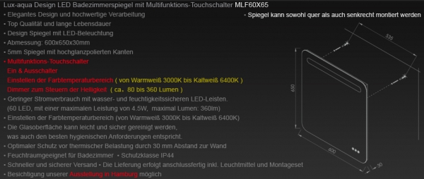 LED Beleuchtung  Badezimmerspiegel mit Touch dimmbar MLF60x65