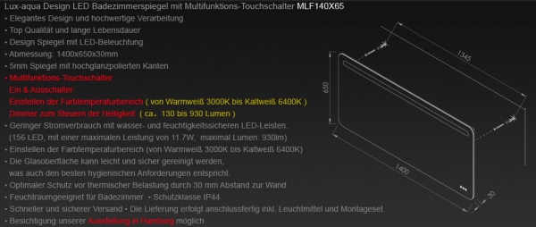Design LED Badezimmerspiegel mit Touchschalter dimmbar MLF140X65
