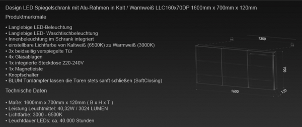 Design Aluminium LED Kalt- / Warmweiß Badezimmer Spiegelschrank LLC160X70DP